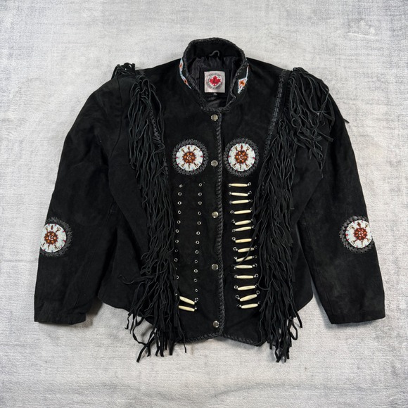 Canadian Leather Creations Jackets & Blazers - Canadian Leather Creations Jacket Womens XL Black Suede Fringe Beaded Western